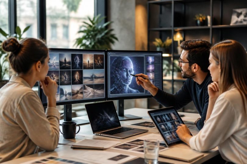 Equipe de marketing analisando conteúdo gerado por IA em computadores