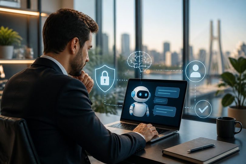 Pessoa analisando interações de assistente virtual com IA em tela de computador