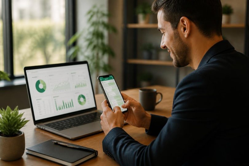 Pessoa usando smartphone com conversa de WhatsApp e laptop mostrando gráficos de captação