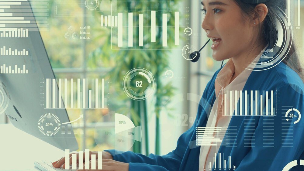 Painel moderno com métricas de assistente IA integrado ao CRM em tela, equipe revisando conversas