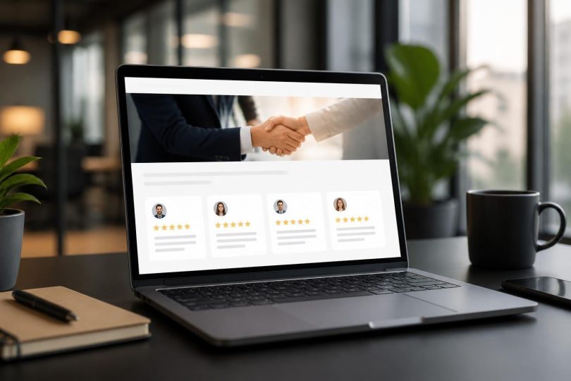 Tela de computador mostrando avaliações do Google integradas ao site de uma empresa