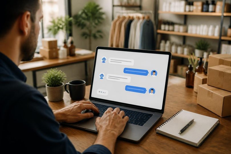 Chatbot de vendas em laptop atendendo cliente de pequena empresa