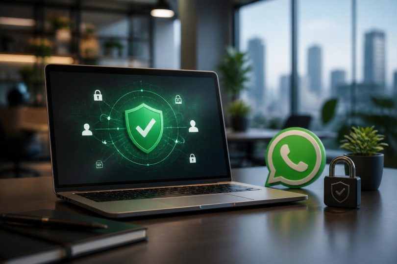 Pessoa usando celular com tela de mensagens e ícones de privacidade e armazenamento