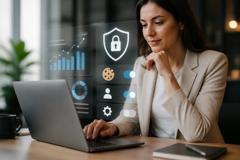 Tela de site com banner de consentimento de cookies e painel de métricas em segundo plano