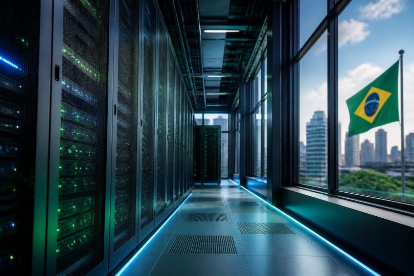Racks de servidores em um data center brasileiro com iluminação ambiente e cabos organizados