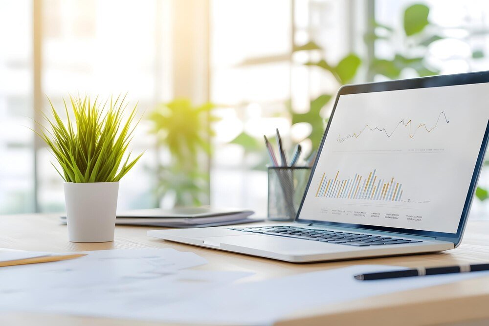 Profissional analisando métricas de desempenho e conteúdo em laptop