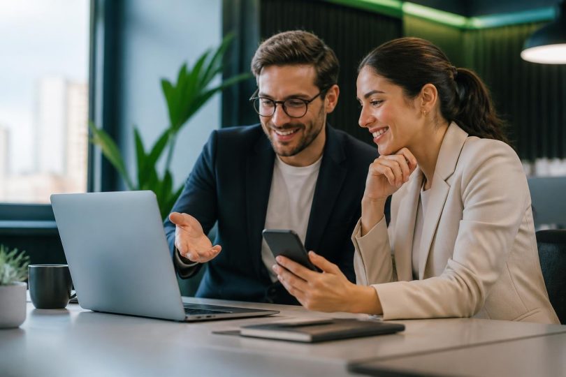 Equipe reunida com laptop e celulares avaliando métricas e custos de automação de mensagens