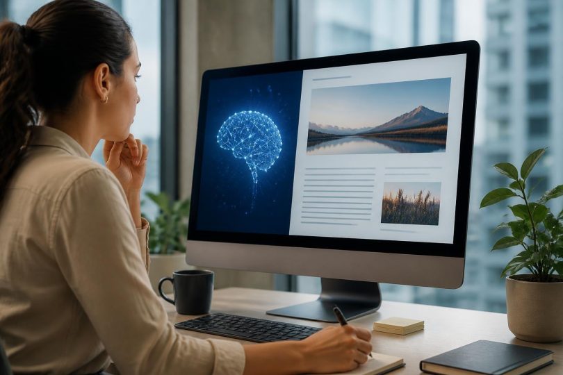 Editor revisando conteúdo de artigo gerado por inteligência artificial em tela de computador