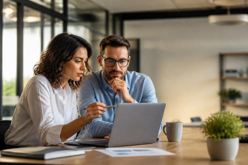 Profissionais revisando conteúdo gerado por inteligência artificial em laptop, focados em sinais de autoridade e SEO