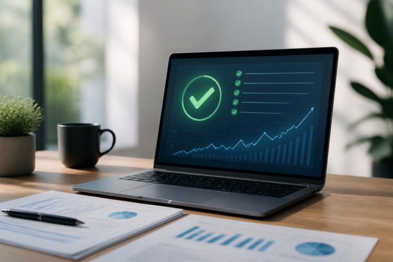 Pessoa revisando checklist de SEO seguro e relatório de analytics no laptop