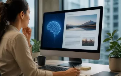 Editor revisando conteúdo de artigo gerado por inteligência artificial em tela de computador