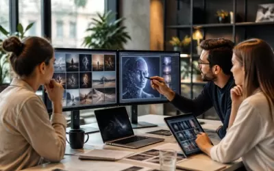 Equipe de marketing analisando conteúdo gerado por IA em computadores