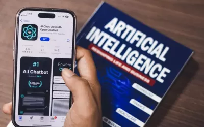 Atendente e cliente interagindo com chatbot em tela, com ícones de privacidade