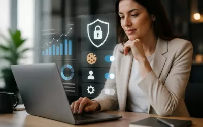 Tela de site com banner de consentimento de cookies e painel de métricas em segundo plano