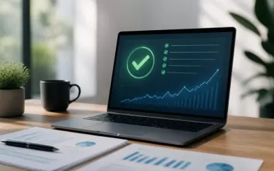 Pessoa revisando checklist de SEO seguro e relatório de analytics no laptop