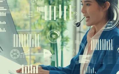 Painel moderno com métricas de assistente IA integrado ao CRM em tela, equipe revisando conversas