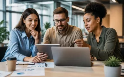 Equipe de marketing analisando relatórios automatizados e insights de IA em laptops e tablet