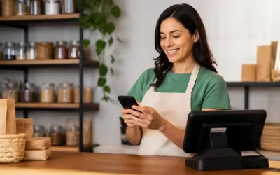 Empresário usando celular para automatizar cobranças Pix ao lado de caixa registradora