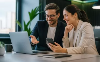 Equipe reunida com laptop e celulares avaliando métricas e custos de automação de mensagens