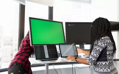 Equipe em reunião analisando conformidade de dados com planilhas e chats no laptop