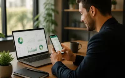 Pessoa usando smartphone com conversa de WhatsApp e laptop mostrando gráficos de captação