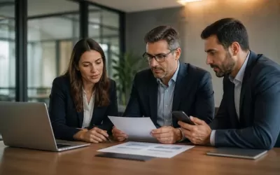 Profissionais em sala analisando políticas de privacidade e mensagens automatizadas em laptop