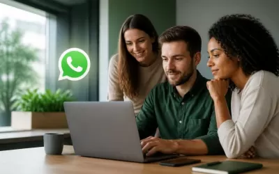Equipe de marketing criando e revisando templates de mensagens WhatsApp em laptop