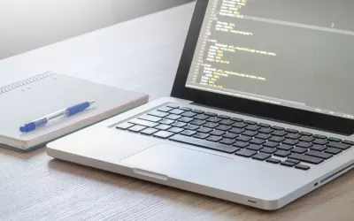 Profissional avaliando acessibilidade de site em laptop com leitor de tela e painel de contraste